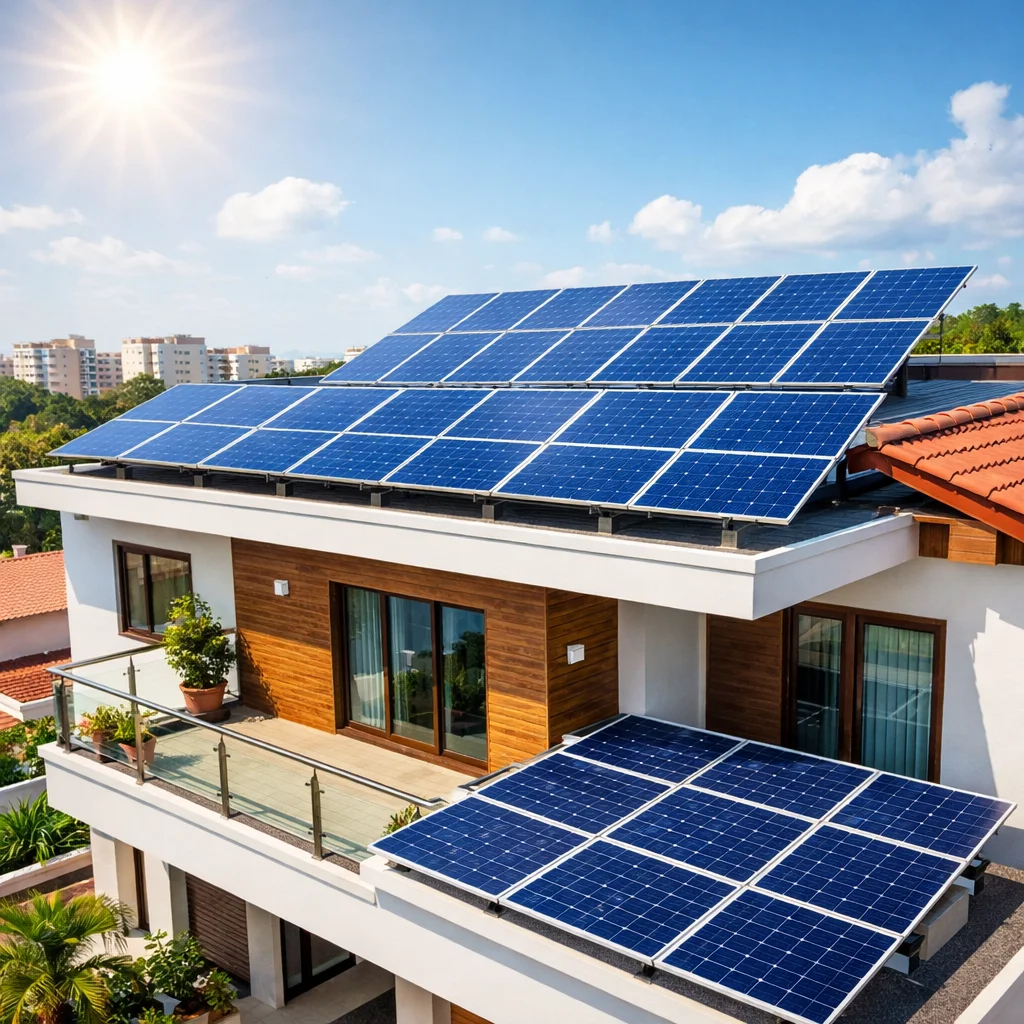 Clean rooftop solar panels in sunlight