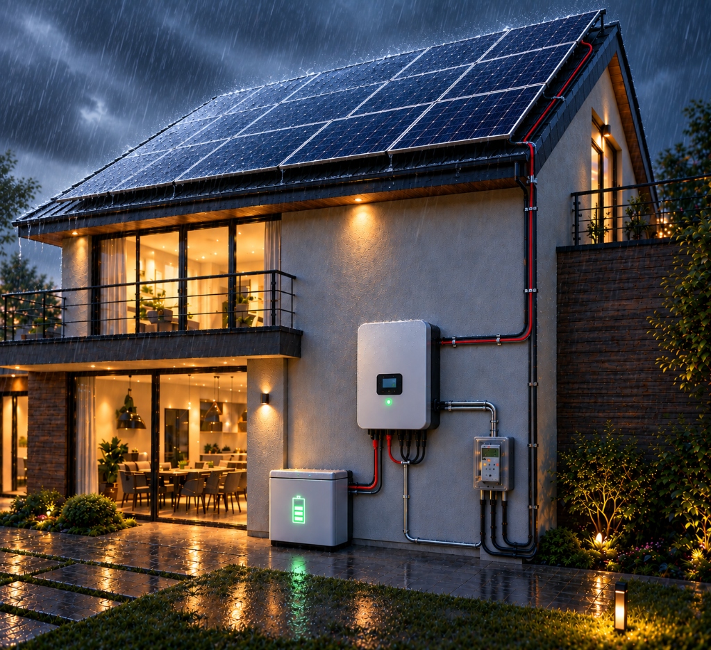 Kerala rooftop solar hybrid inverter working during heavy monsoon rain